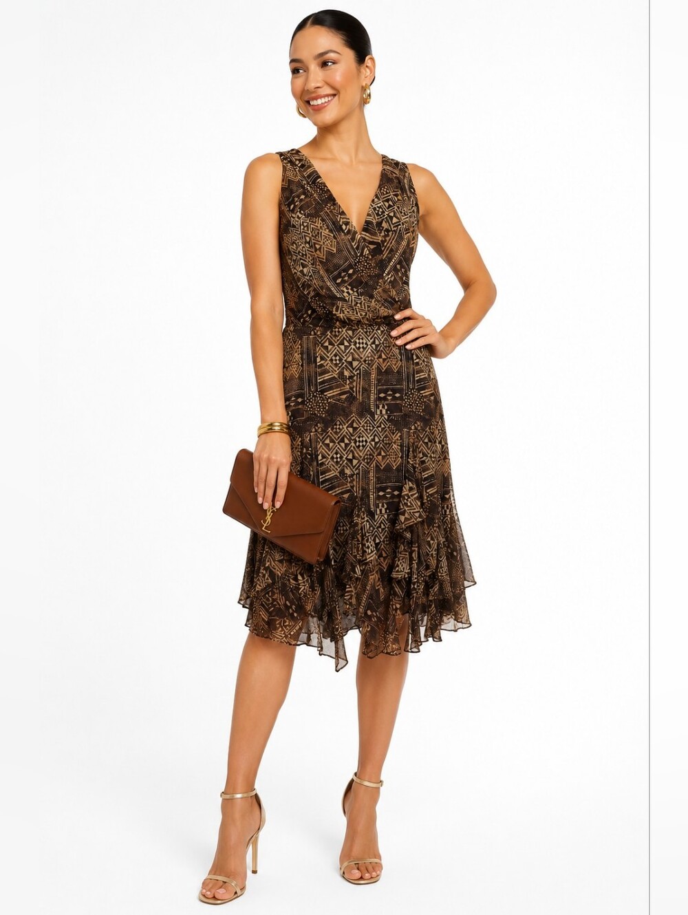 NWT Lauren Ralph Lauren Silk Geometric Print Halter Ruffle Dress Size 8